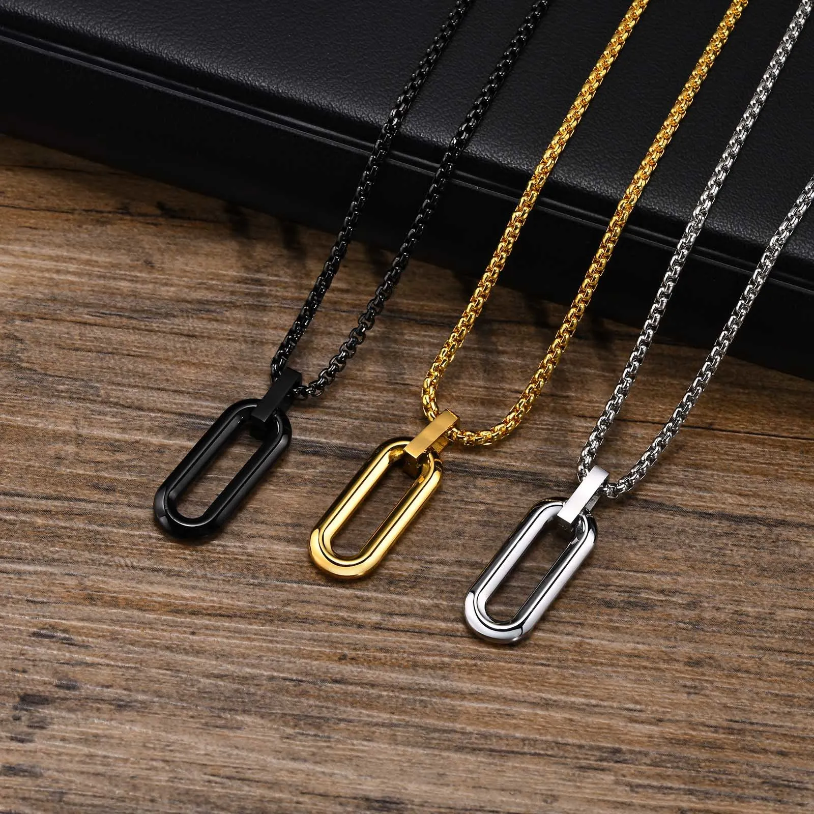 Men Geometric Necklaces, Waterproof Stainless Steel Hollow Pin Shaped Pendant with Box Chain Collar, Gifts for Him Jewelry