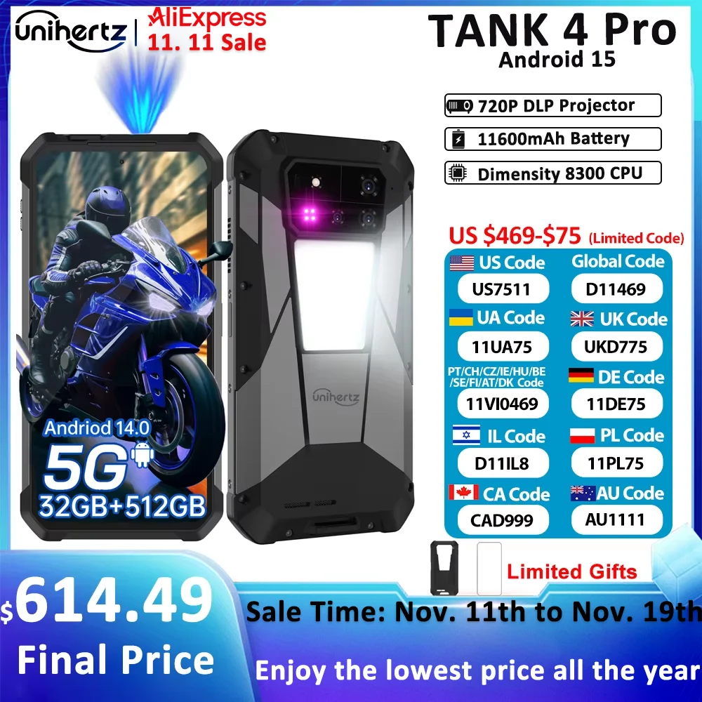 Unihertz by 8849 Tank 4 pro 5G Phone Built-in 720P Projector Dimensity 8300 16GB/18GB 3k AMOLED 11600mAh IP68/IP69