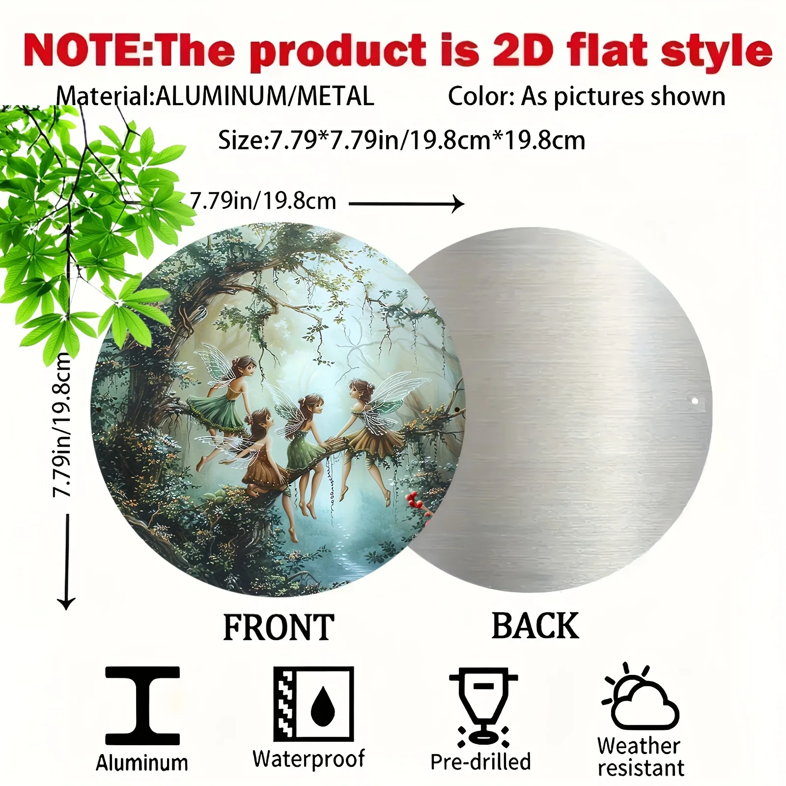 2D Flat - [2D Flat] 1pc Round Aluminum Art Sign Set of 1 - 8-Inch Waterproof Metal Decor with Pre-Drilled Holes, HD Fairy Print