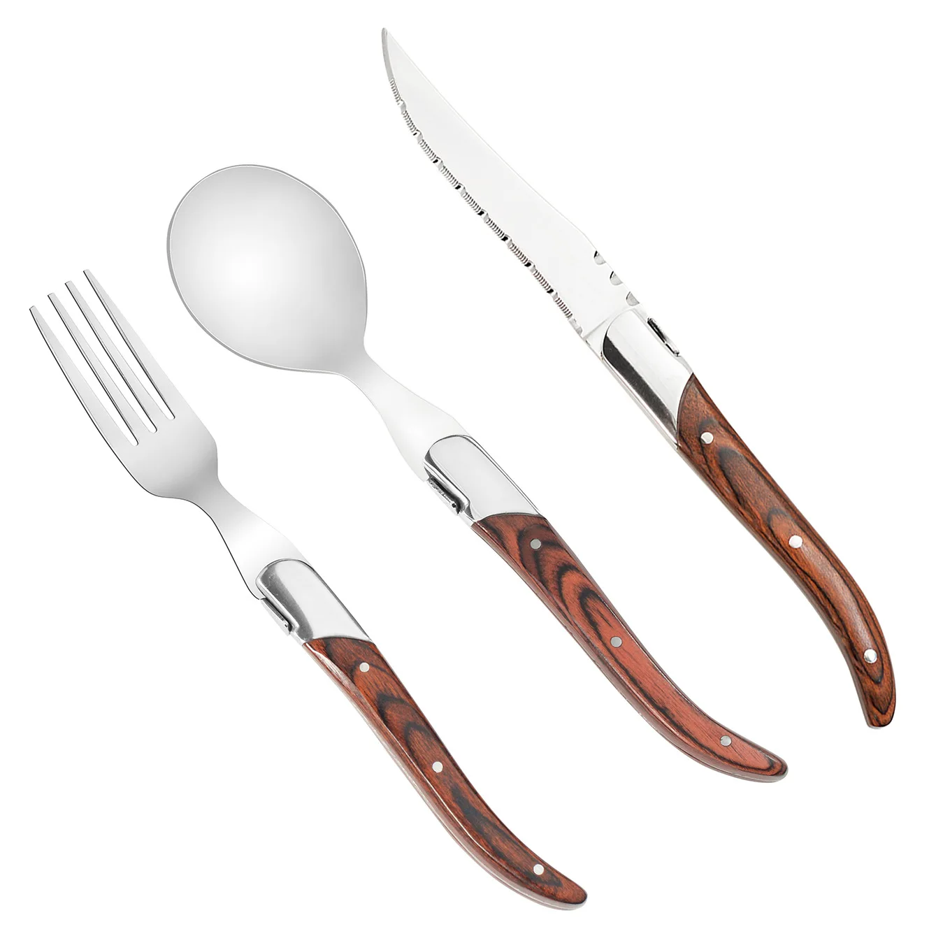 3-Piece Stainless Steel Steak Knife Set with Wooden Handle - Serrated Dinner Knife, Fork & Spoon for Western Dining