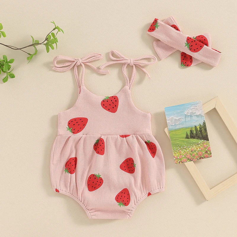 Romper tanpa lengan bayi perempuan, Jumpsuit musim panas imut motif stroberi untuk bayi perempuan