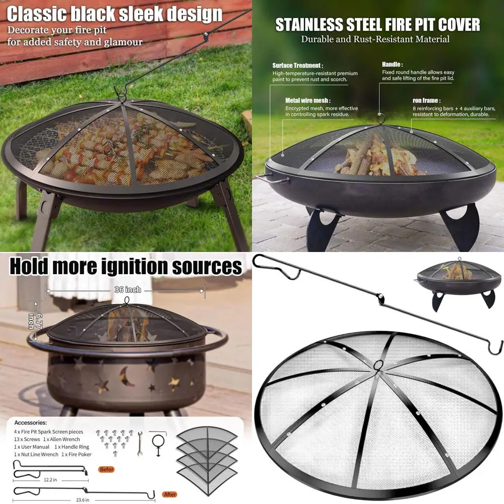 

36-Inch Outdoor Fire Pit Spark Screen with Handle, Poker, and Reinforced Mesh Lid for Backyard, Beach, and Camping