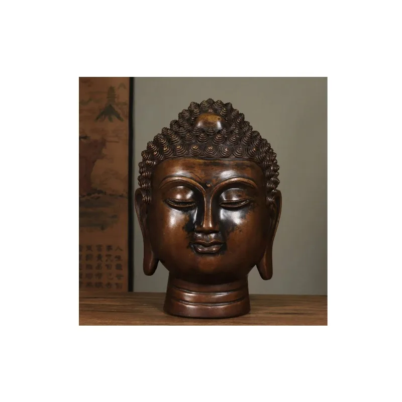 Copper Buddha Head Textured Hairstyle Seated Buddha Bust Pedestal Base Sculpture Large for Entryway Decor