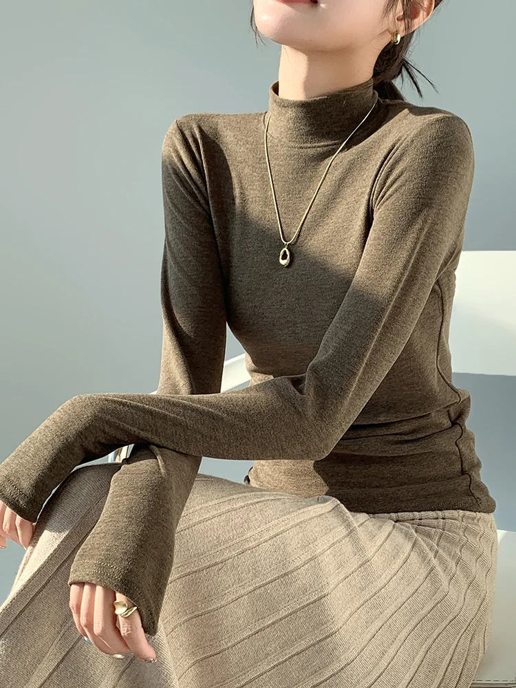 T shirt women 2026 fashion semi-high neck base slim new autumn long-sleeved solid color elastic tshirt women's clothing
