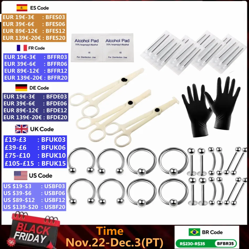 1set Body Piercing Clip Kit Tool Disposable Professional Body Piercing Needles Clamp Gloves Tools Ear Tragus Nose Eye Piercing