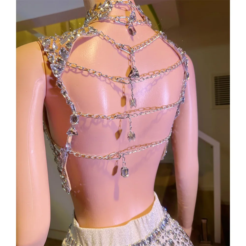 섹시한 백리스 라인스톤 탱크탑 스커트 투피스 세트 고급스러운 생일 파티 나이트클럽 의상 가수 바 무대 의상