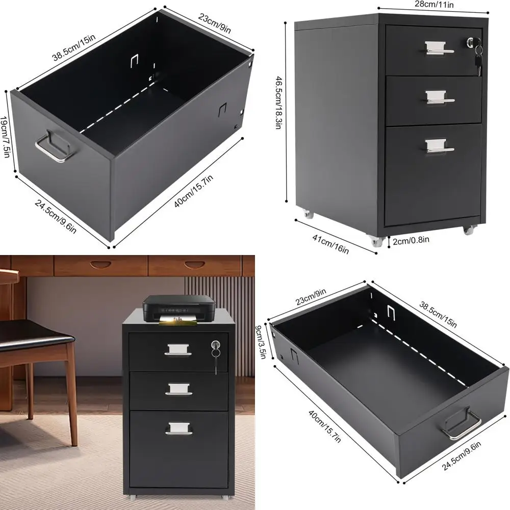 

Rolling 3-Drawer Lockable Storage Cart, Under Desk Office Organizer for Files & Supplies (Black)