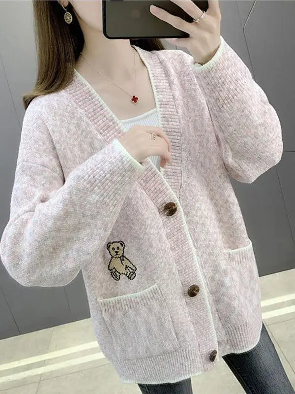 فضفاض V-Ne سترة مشغولة من الصوف المرأة ملابس خارجية لينة مريحة الخريف Sle عادية Faion سترة معطف المحملة خلات الألياف 00% #5