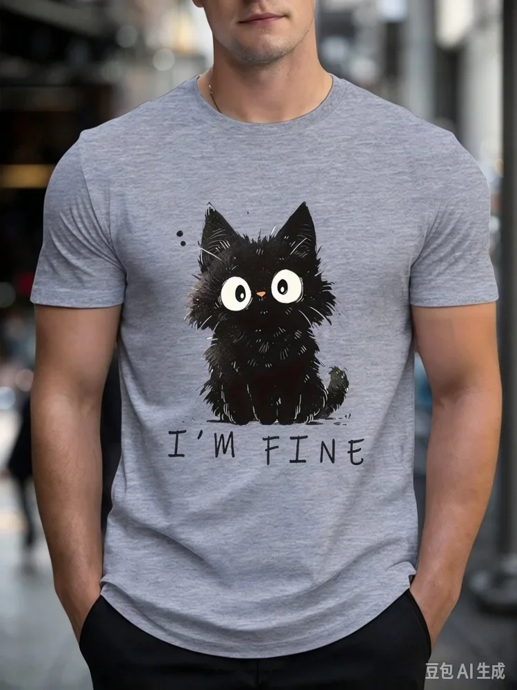2026 Fashion New Men's Funny Black Cat T-Shirt I'm Fine Scared Cat Graphic Grey Short Sleeve Tee Summer Casual Tops