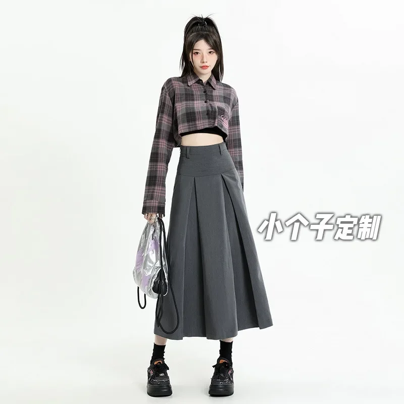 

Vintage Grey Suit A-line Skirt Women's Spring Autumn College Style High Waist Pleated Mid Length Skirt Femal