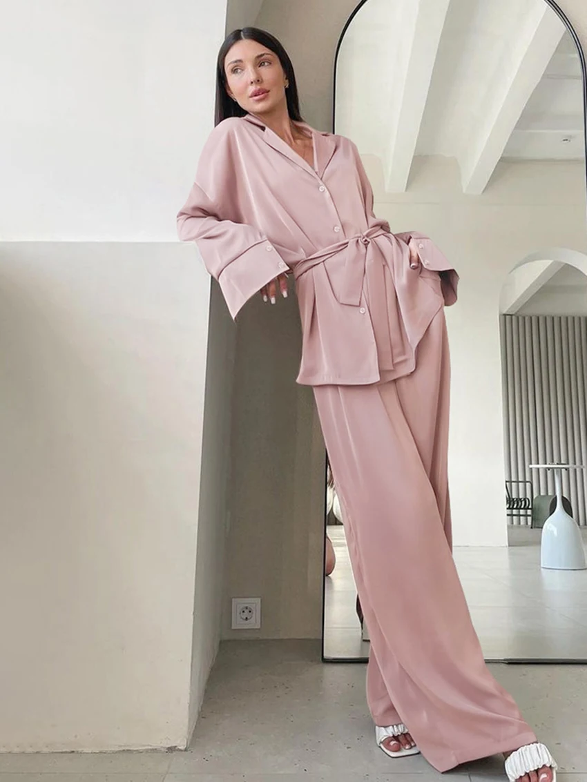 Marthaqiqi Pink Ladies Pajamas Set Turn-Down Collar Sleepwear Long Sleeve Nightwear Lace Up Nightgowns Pants Femme Nightie Suits