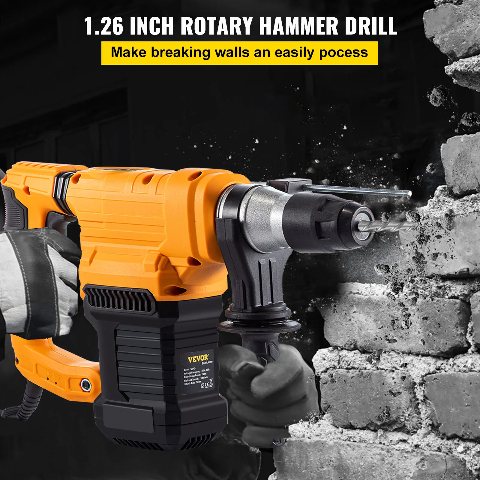 VEVOR 1500W trapano a percussione rotante foratura massima 32mm SDS Plus demolitore martello demolitore 4 modalità perforatore elettrico per calcestruzzo