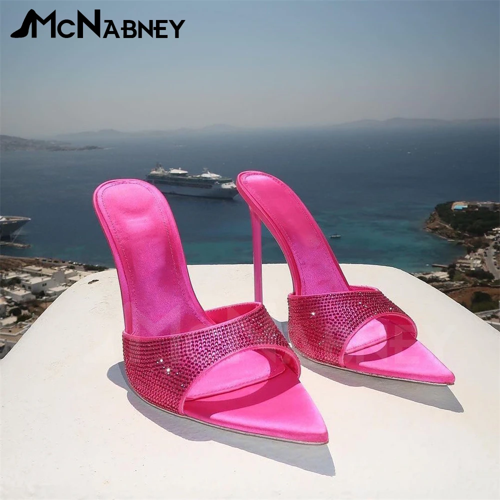 

Rhinestone Mules Pointed Toe Stiletto Slippers Bling Bling Luxury Summer Shoes Slip On Sexy Sandals Crystals High Heel Slippers