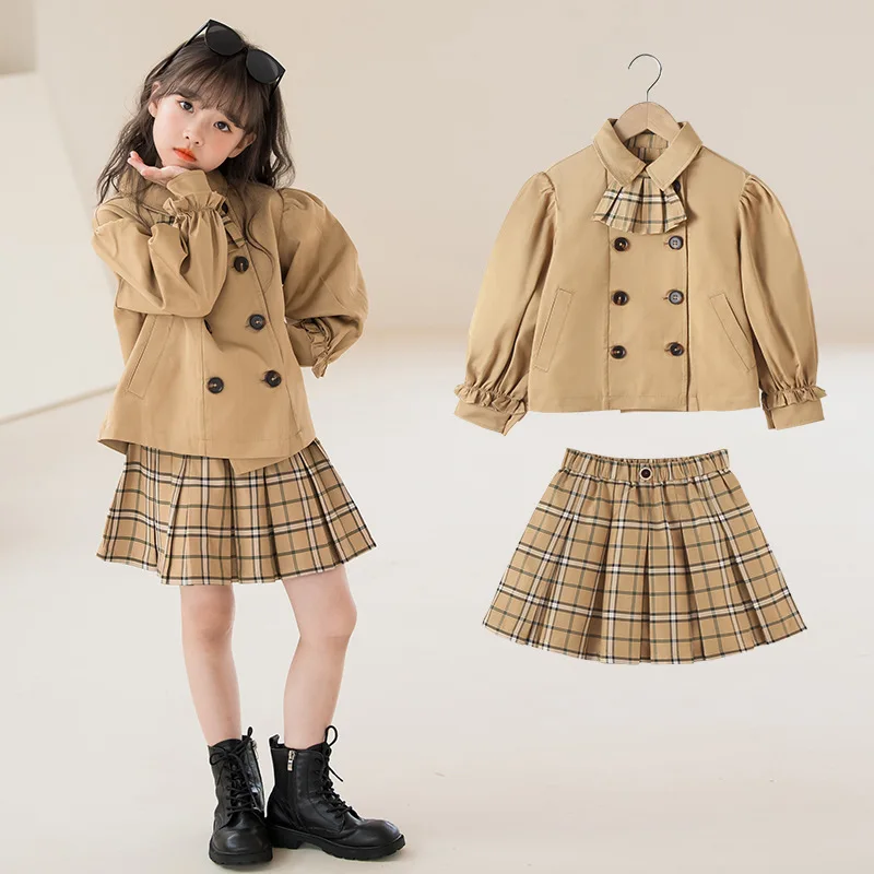 

2023 Spring New Children Korean Student 3 Pcs Clothing Set Women Preppy Style Coat+Pleated Skirts Suit Girls Fashion 4-15 years