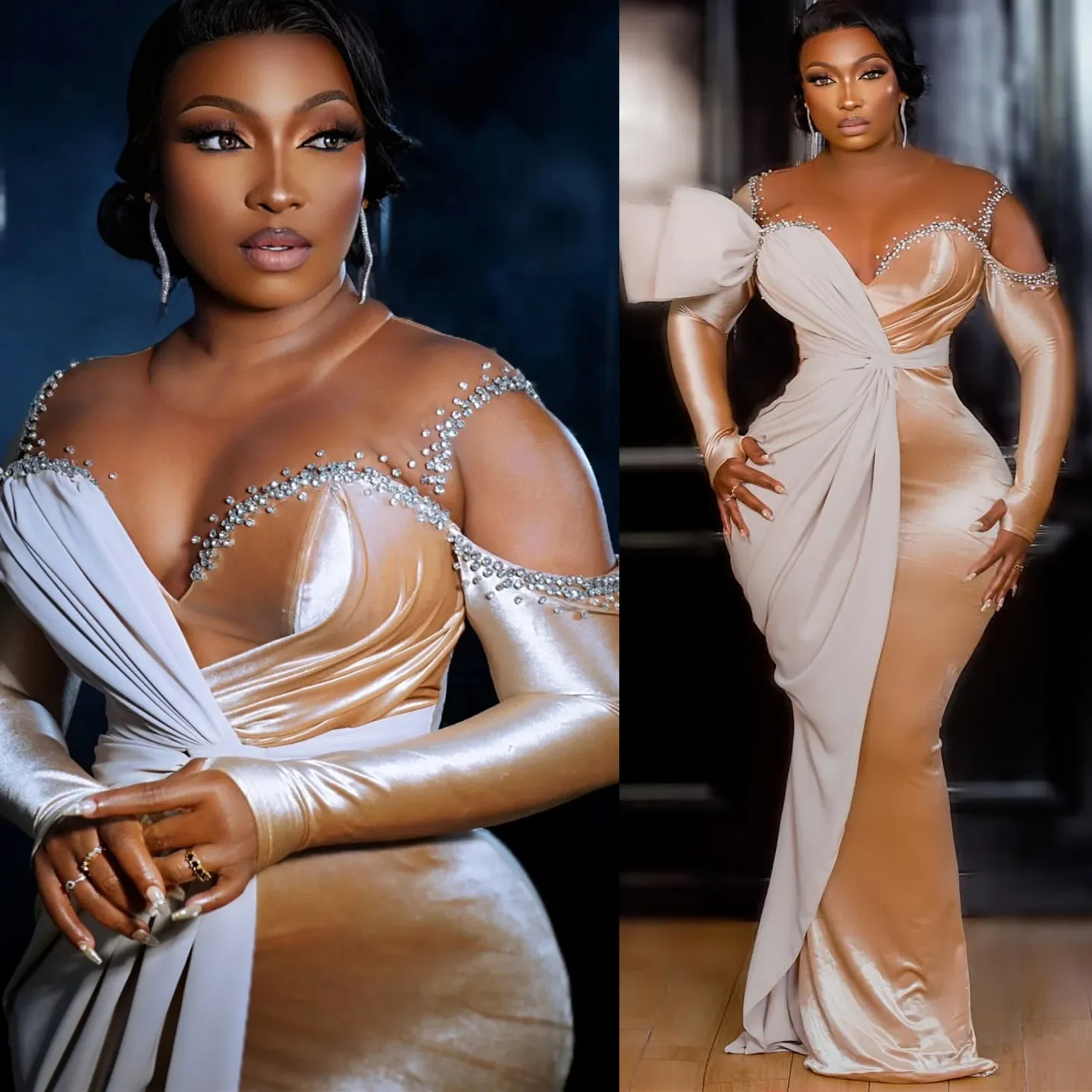 Aso Ebi Champagne Mermaid Prom Dress Crystals Velvet  Reception 50th Birthday Engagement Gowns customsized Robe De Soiree