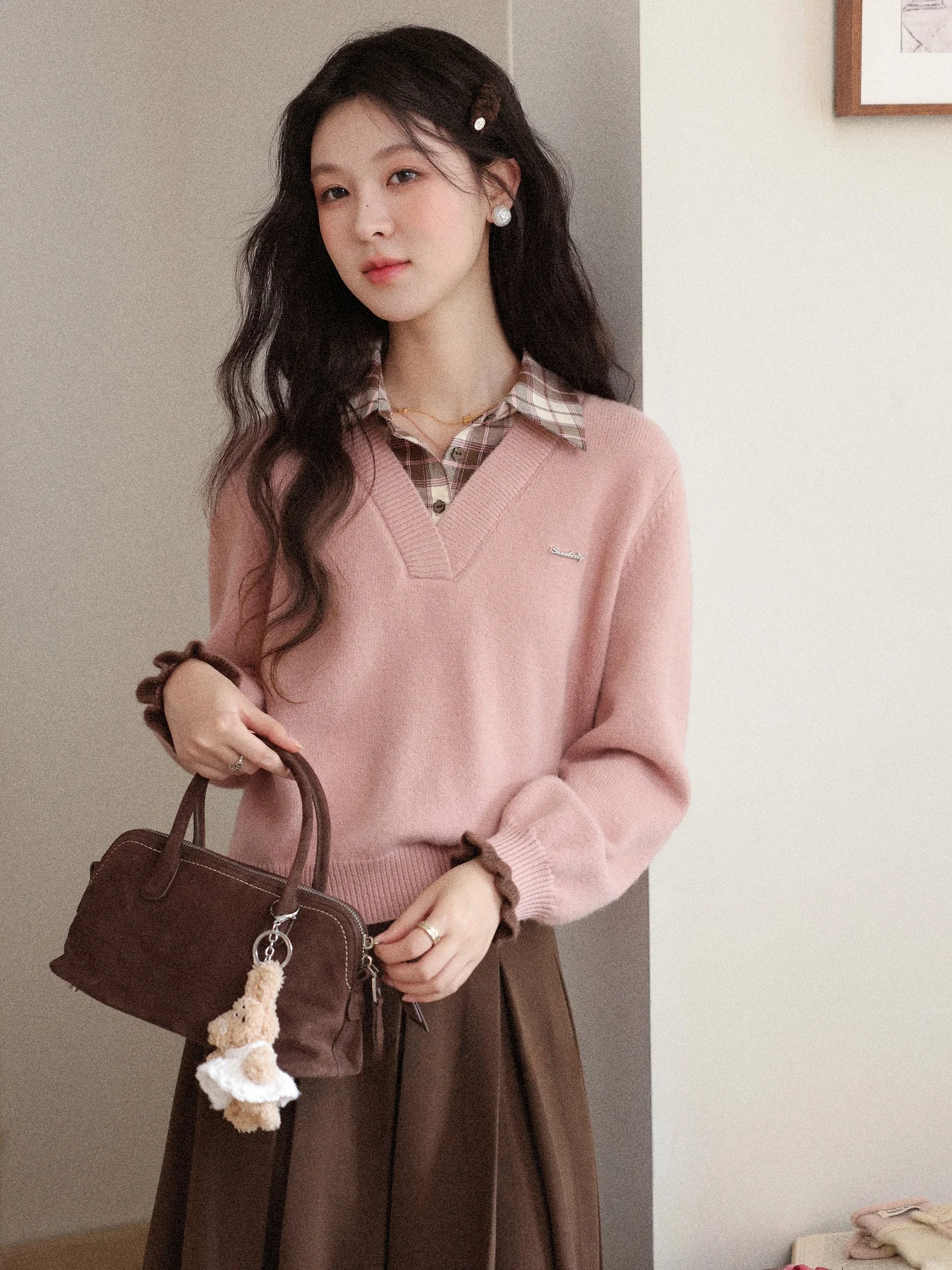

Southward Deer Ele Love Plaid Turn-down Collar Pink Sweater Women's Autumn Winter College Sle Long Sve Top