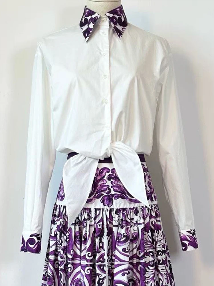 2026 Spring Women's Clothing Color Block Lapel Strap Waist Short Shirt Two-piece Set + Retro Print Loose Skirt Fashion Suit