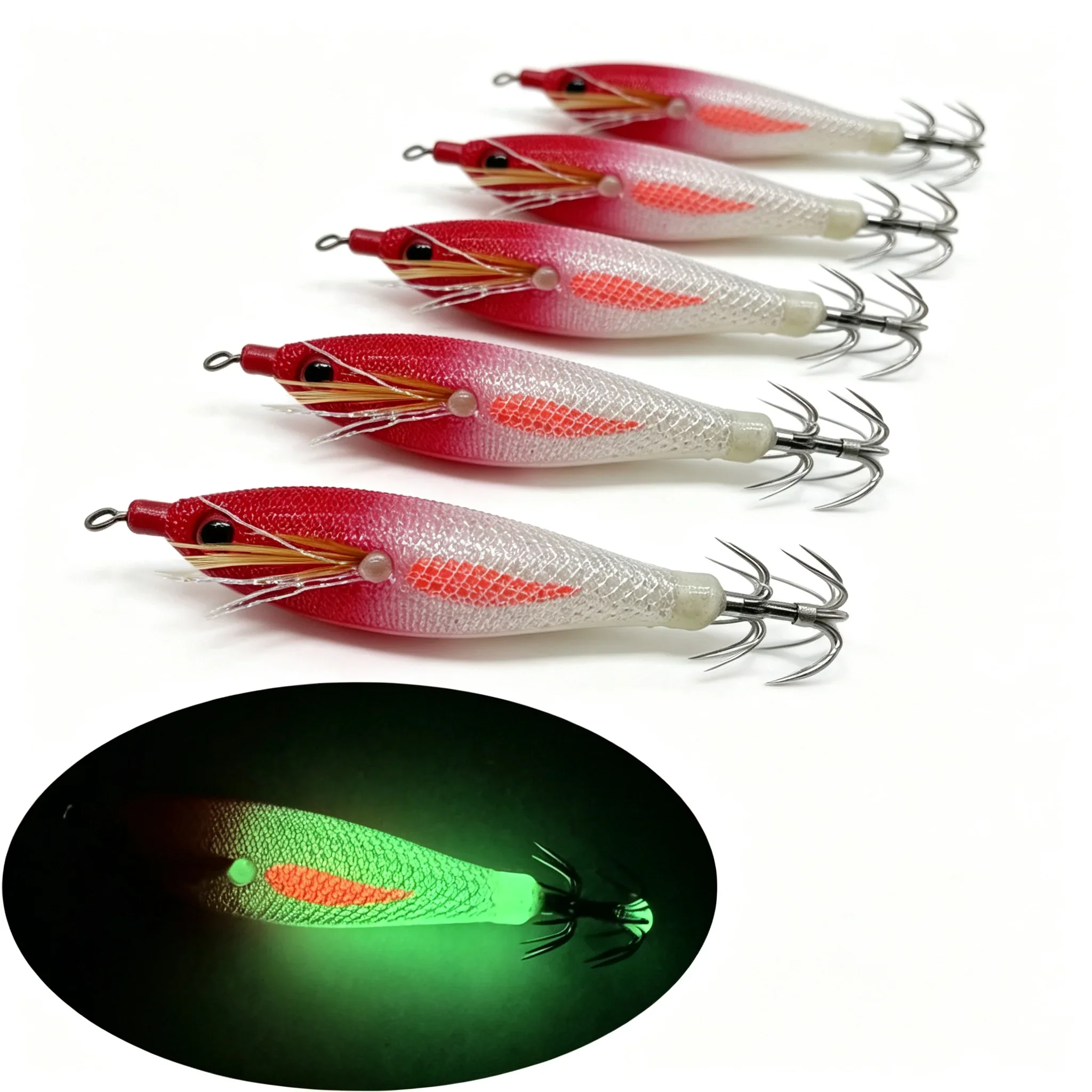 Horizontal Squid Jig Egi Set Tinsel UV Luminous Glow Simulation Shrimp Bait 3D Eyes Sharp Umbrella Hooks Night Sea Fishing