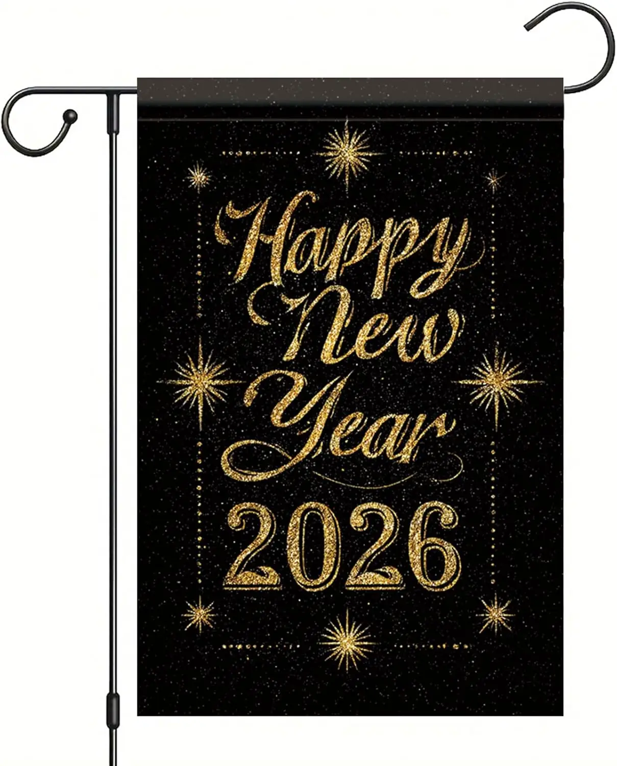 С Новым годом 2026 Садовый флаг 12x18 дюймов Золотые блестящие звезды на черном фоне С Новым годом Открытый двор Крыльцо Газон Бан OOA