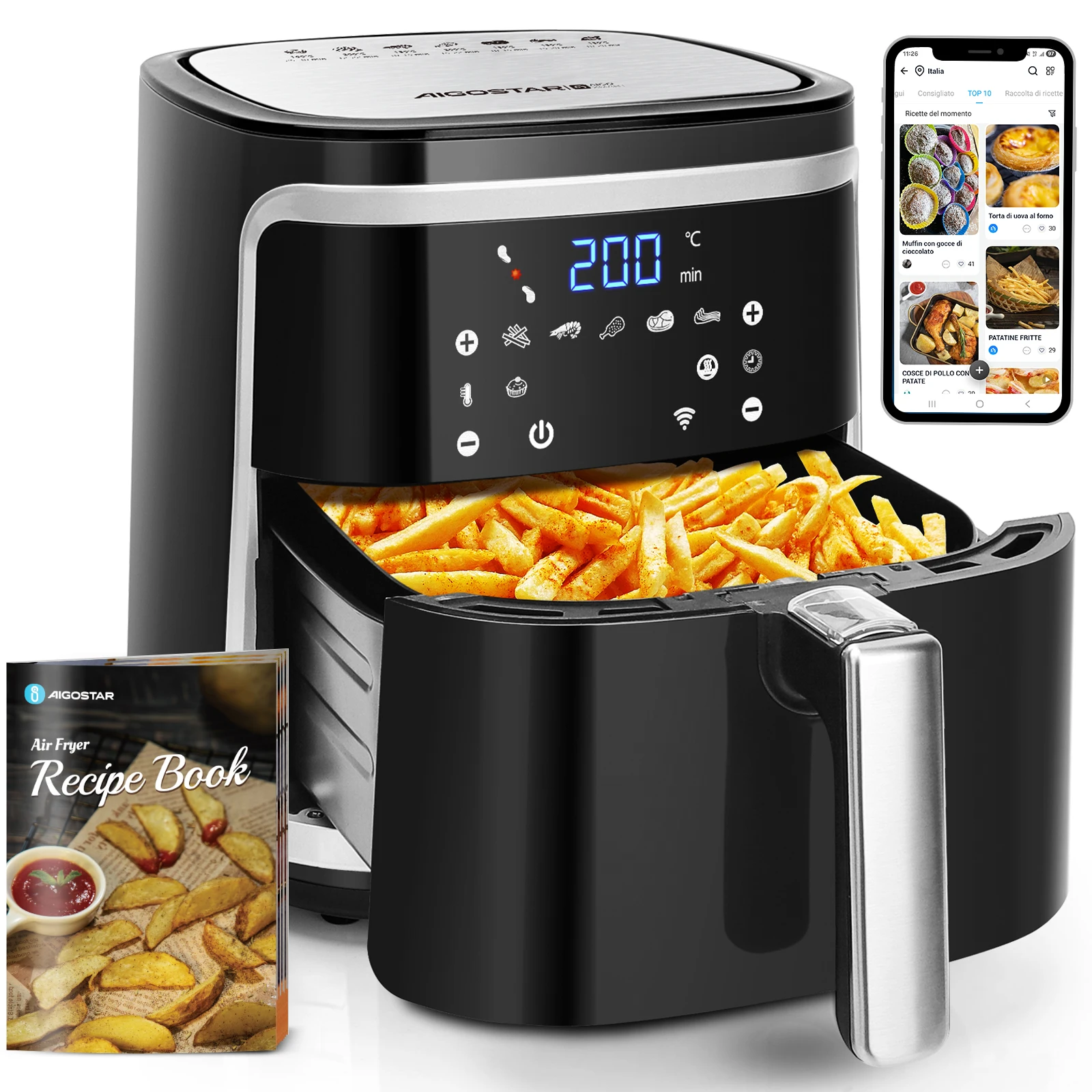 Aigostar 7L Smart WiFi Air Fryer Dual Basket Touch LED 7 Presets Nonstick Dishwasher Safe Auto Shutoff Black For Use