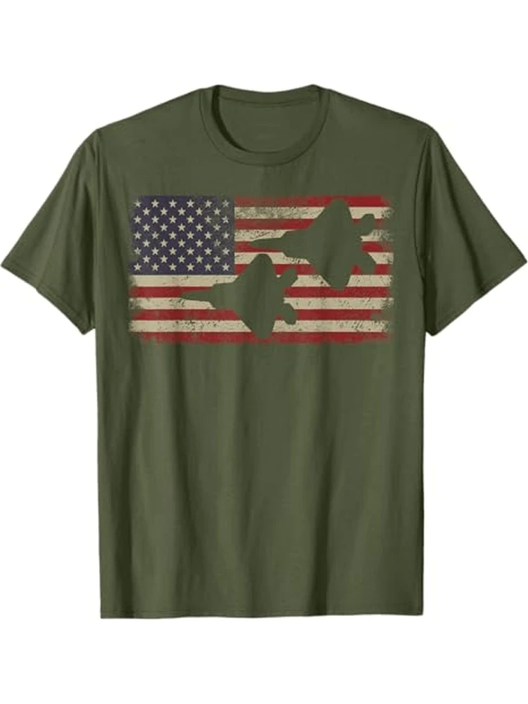 

F22 Raptor Stealth Fighter Aircraft Patriotic USA Flag design-100% cotton O-neck short sleeve casual printed men's T-shirt.