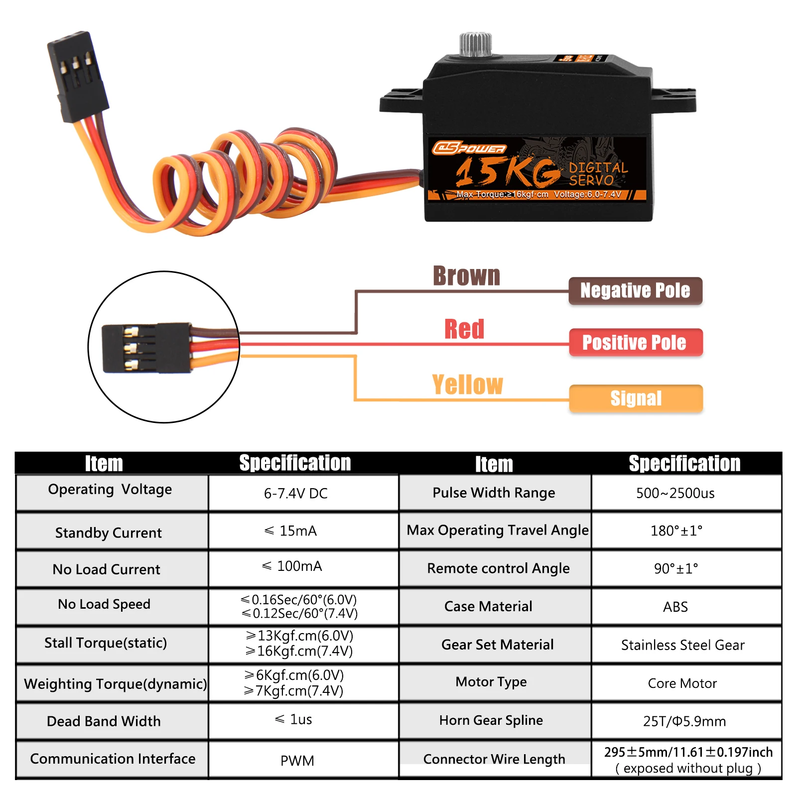 DSPOWER 15KG Metal Gear Short Body Servo Standardowy cyfrowy silnik niskoprofilowy do 1/8 1/10 RC Car Axial Scx10 Plane Boat Robot Toy