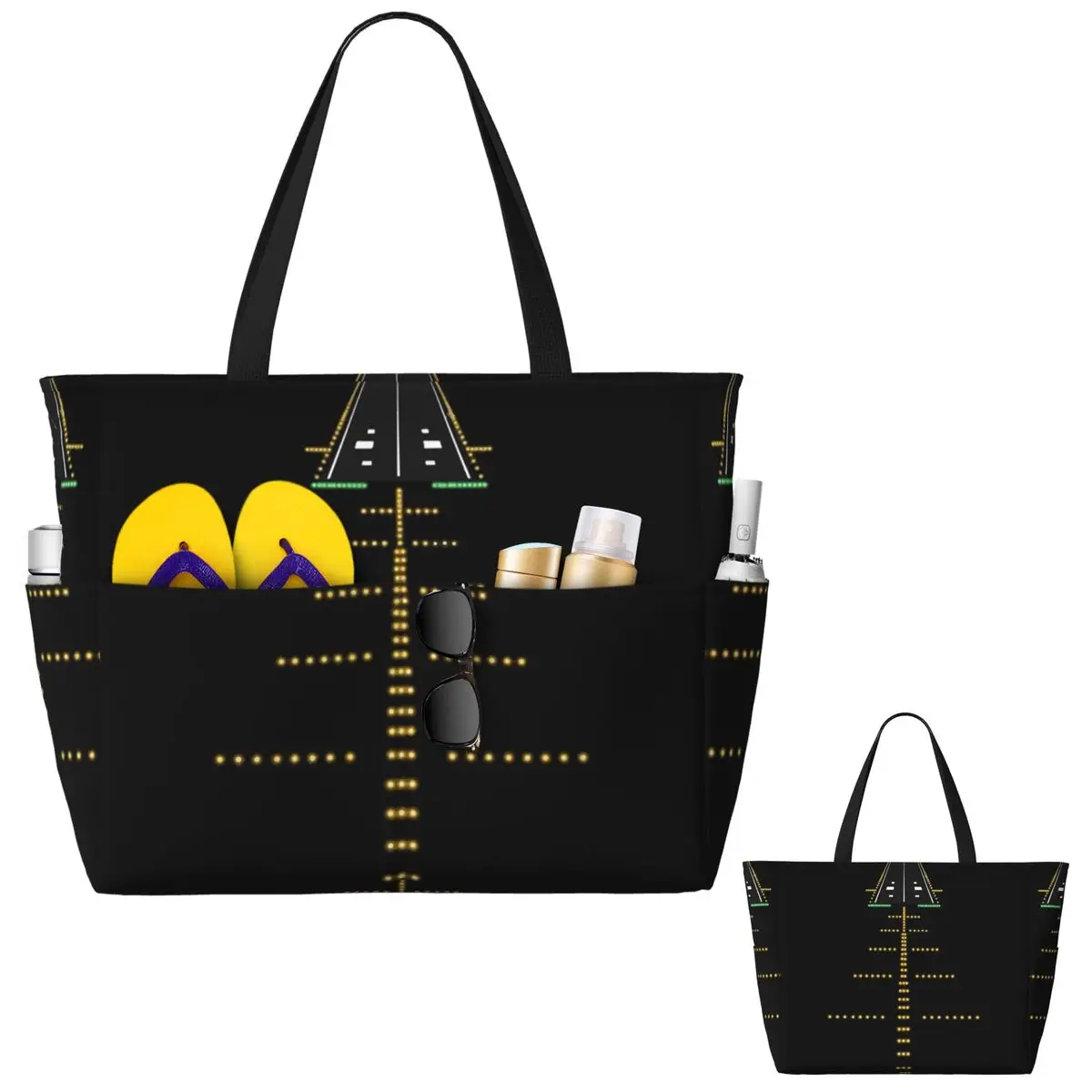 

Runway Night View Aviation Airport Lights Beach Tote Bag Sport Gym Yoga Duffle Large Tote Bag Women Travel Bag Fitness bag
