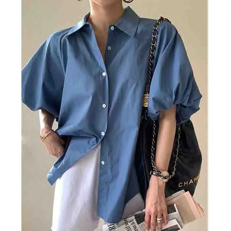 

New Fashion Short Lantern Sleeve Blue Women's Shirts Casual Loose Summer Women Blouse Button Up Women Tops Office Clothes 8385