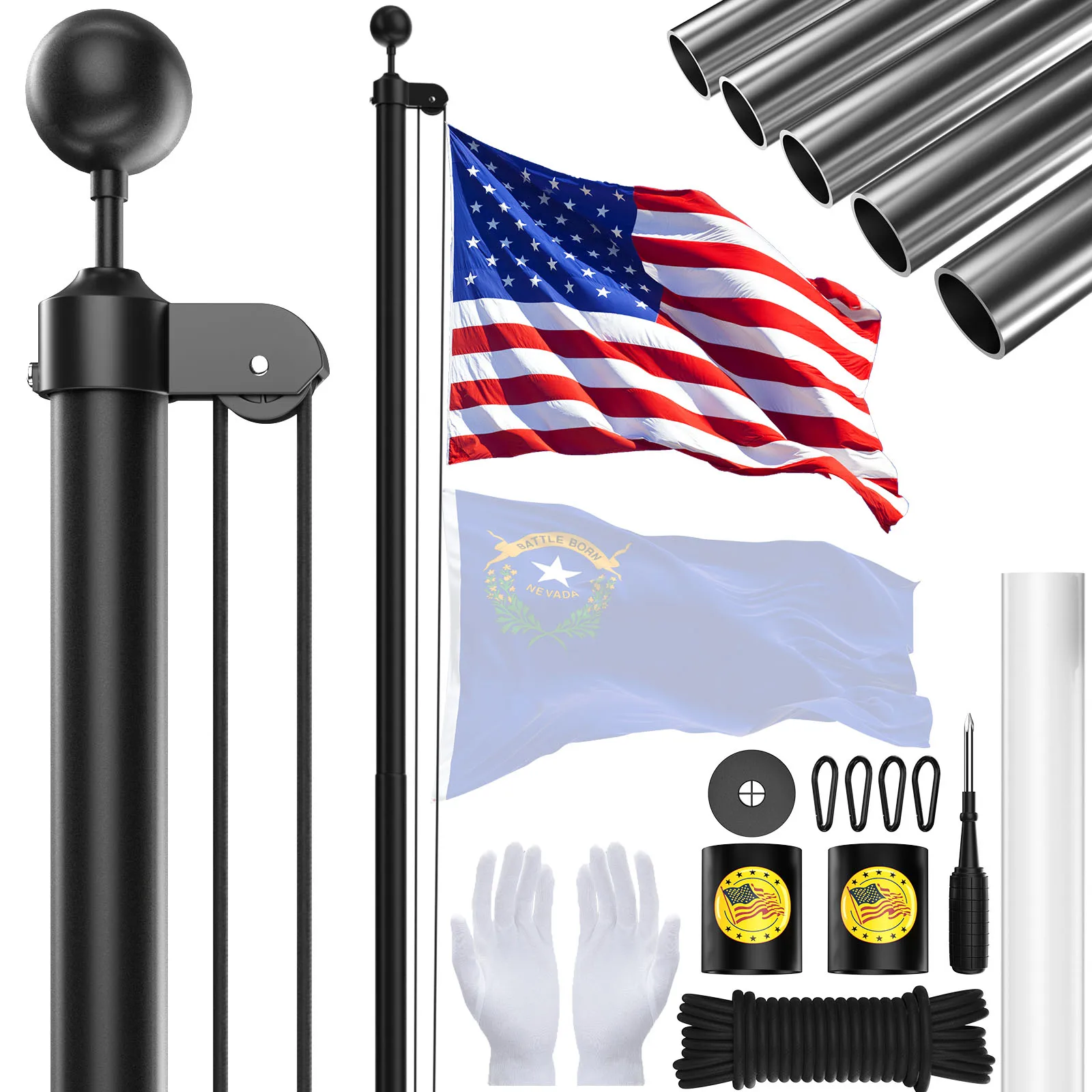 

【Hot】25FT Portable Black Sectional Aluminum Adjustable Heavy Modern Style Pennant Flagpole for House
