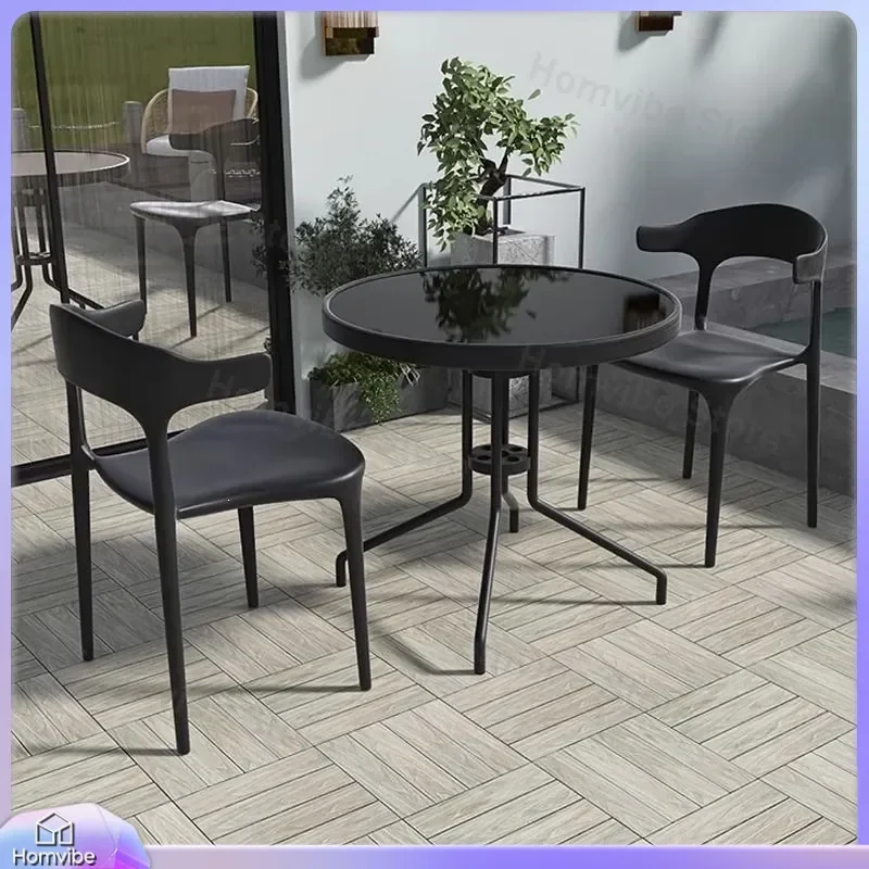 Outdoor Patio Furniture Set Balcony Table and Chairs Garden Dining Set Tempered Glass Top Rattan Horn Chair Weatherproof