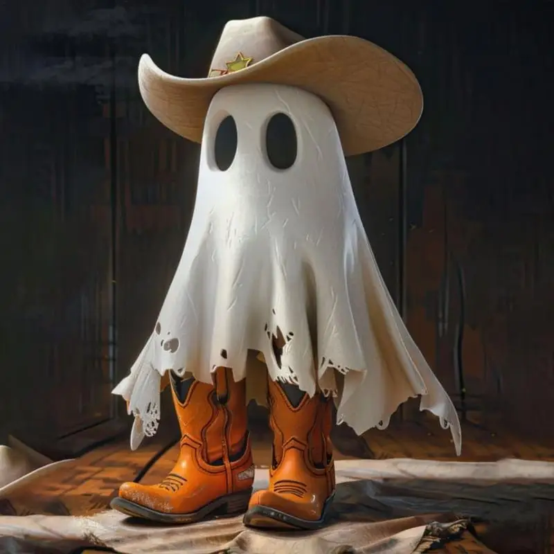 Halloween Ghost Statue Cute Ghost Figurines Statue with Hat and Boots Seasonal Charming Addition Cowboy Fashion Statue for