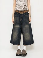 High Waist Black Retro Washed Denim Shorts Women's Harajuku Vintage Fashion Casual Loose Y2K Streetwear Mid Long  Wide Leg Pants - Image 5