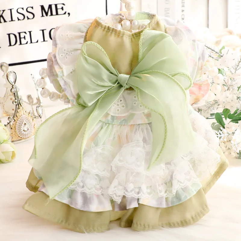 Summer New Puppy Dog Cats Clothing Fashion Cotton Lace Green Bow Princess Dress For Small Medium Dog XS-XL 2025 Pet Dog Clothes