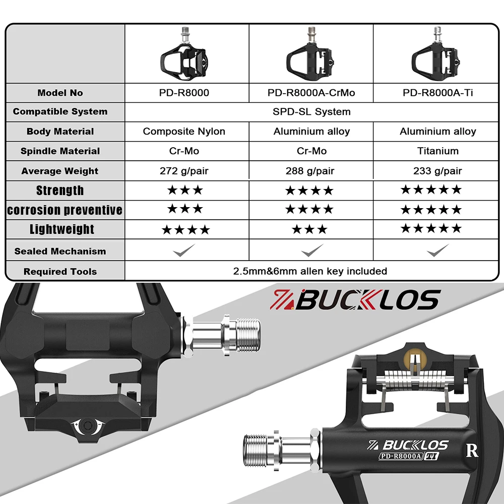 Bucklos pedal de eixo de titânio PD-R8000 para bicicleta de alumínio SPD-SL pedal sem clipe ultraleve pedal de bicicleta de estrada com grampo