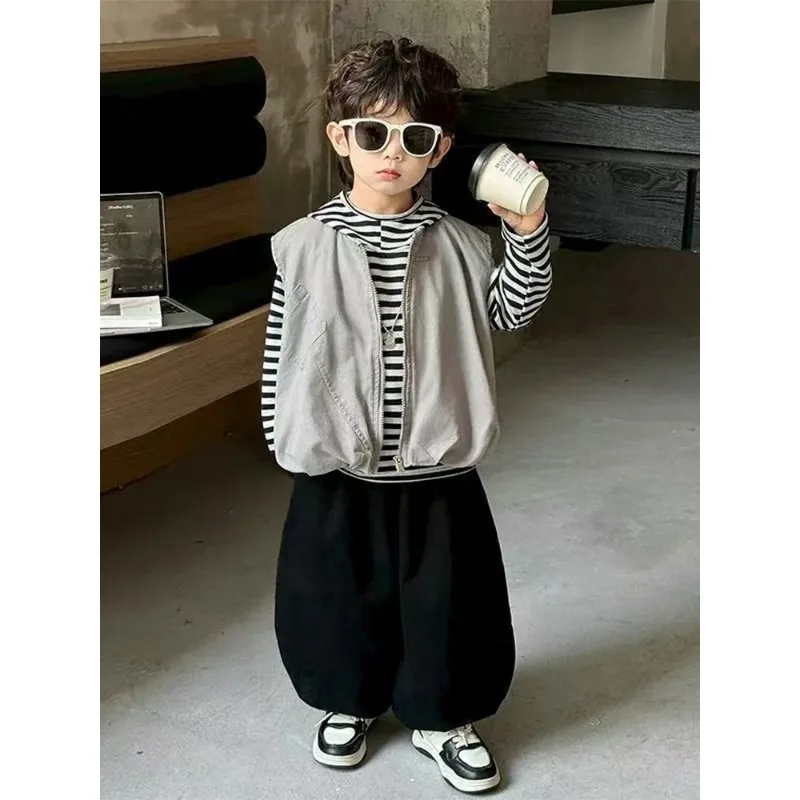 Korean Style Boys' Three-Piece Set Simple Base Layer Vest Long Pants Cool And Handsome Spring Autumn New Arrival for Kids 3