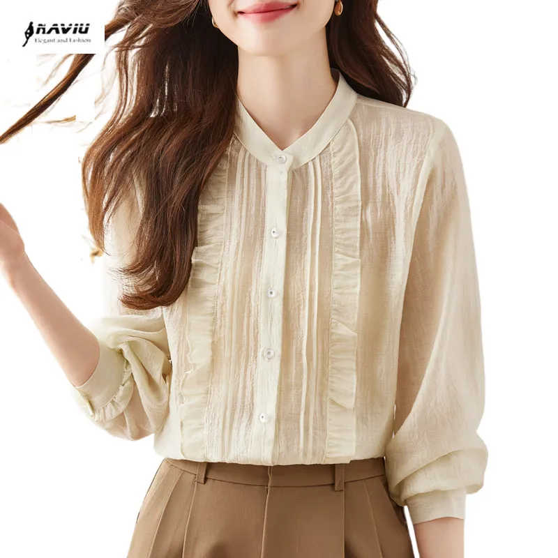 

NAVIU Thin Solid Button Elegant Korean Formal Womens Clothing Casual Blouses Office Lady Loose Stand Collar Ruffles Shirt Spring