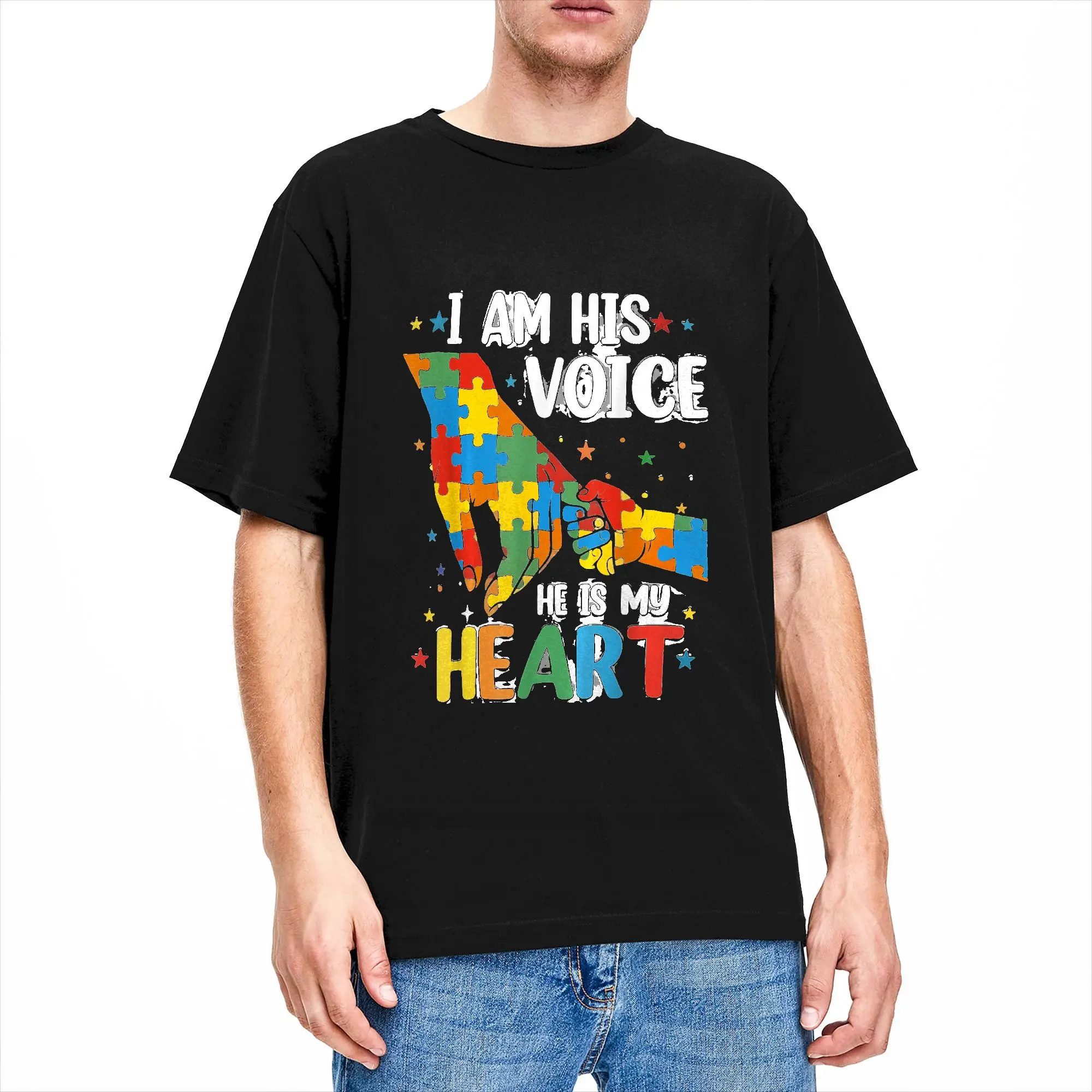 Men's T-Shirt I Am His Voice He is My Heart Autism Awareness Mom Cotton Tees Short Sleeve  T Shirt Round Collar Tops Printing