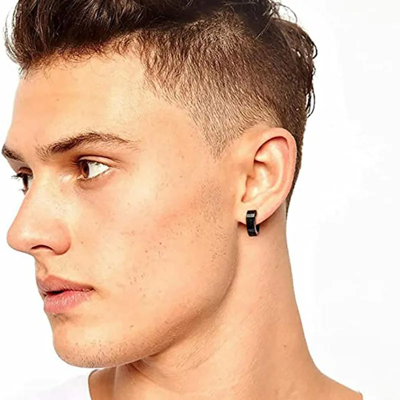 WKOUD 1-15 Pieces Clip On Earrings Set For Men Stainless Steel Black Fake Piercing Mens Hoop Non-piercing Earrings