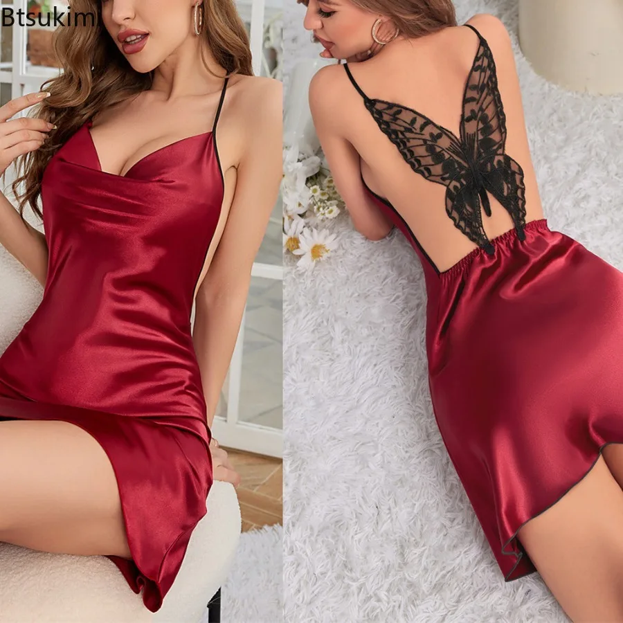 New 2026 Women's Sexy Short Backless Cross Suspender Dress Imitating Silk Thin Dress Solid Color Summer V-neck Home Nightgown
