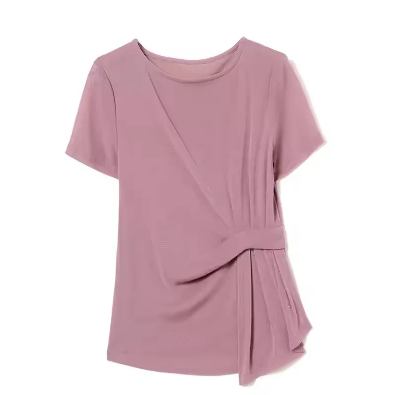 

Summer New Fashion O-Neck Short Sleeved Mesh Tops Fashion Casual Color Ruffles Women's T-Shirt Female Slim Elastic Tees Blusas