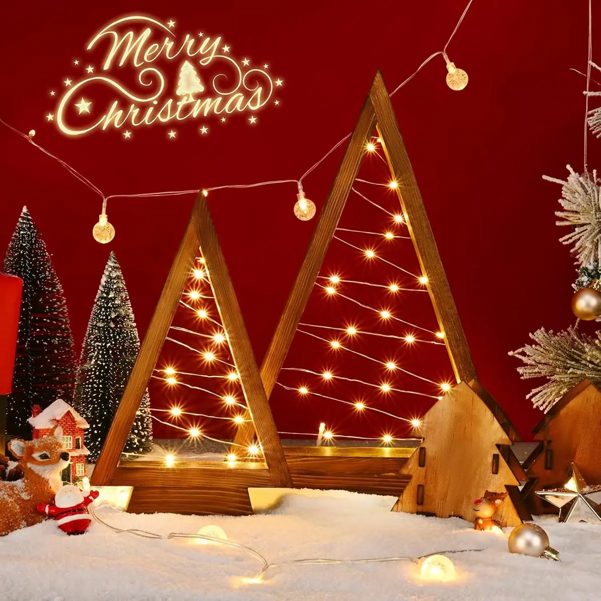 2Pcs/Set Wood Christmas Tree with Lights Modern Farmhouse Christmas Wooden Tree Centerpieces For Tables Christmas Holiday Decor