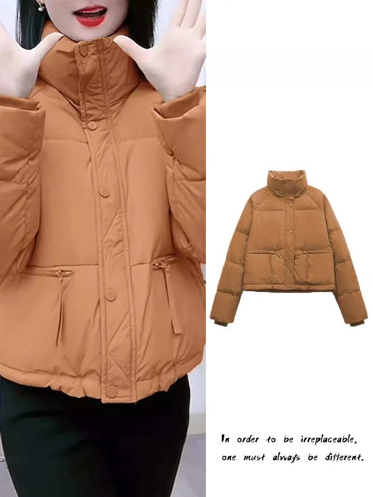 

Orange Thickened Cotton Jacket Women's Short Style Stand Collar Winter Coat Korean Loose Fit Long Sleeve Zipper Pure Color