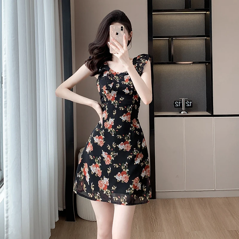 

Korean Style Summer Vacation Ruffled Sleeveless Chiffon Dress Banquet Party Slim Black Floral Dresses