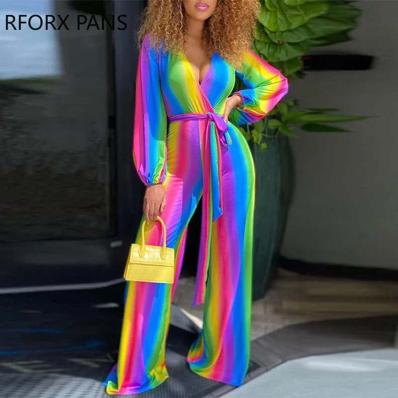 

Women Elegant Rainbow Pattern with Belt Straight Deep V Neck Jumpsuit Sexy Jumpsuit