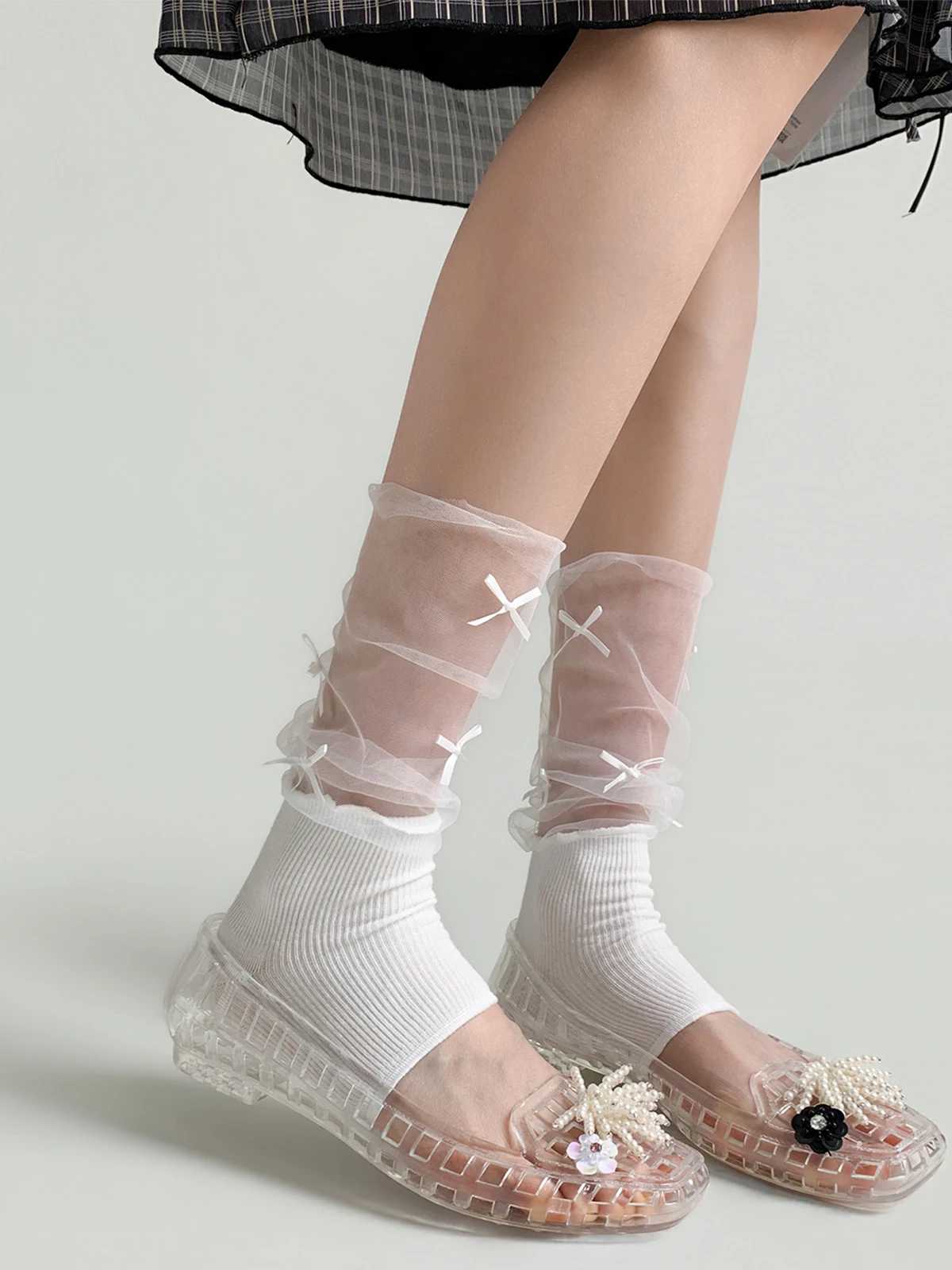 

White Glass Silk Mid-Calf Ballet Style Socks with Knots for Women Thin Design Night Study Room Training Footwear