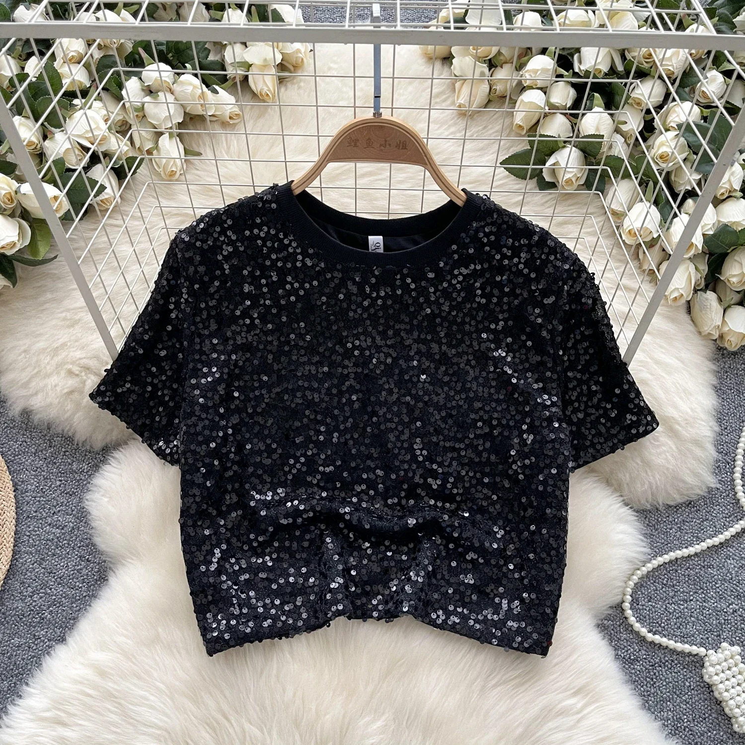 T-shirt Vintage con paillettes manica corta O collo Slim elegante moda Crop Top Sexy primavera autunno donna Top