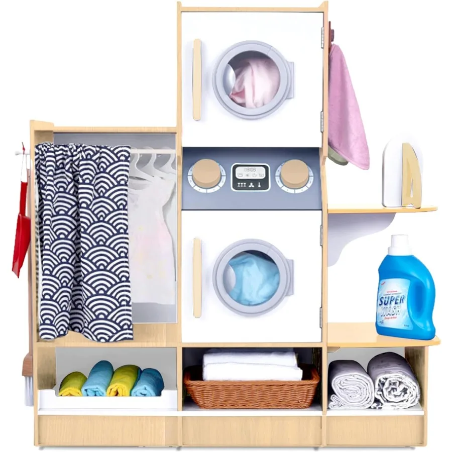

Kids Washer and Dryer Playset, Wooden Children's Pretend Laundry Set, Includes Broom, Dustpan, Iron, Hangers & Basket, Realistic