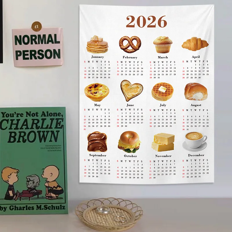 Ins 2026 Wall Calendar Hanging Short Plush Cloth Background Cute Calendar Bedroom Wall Home Decoration Bread Coffee Pattern