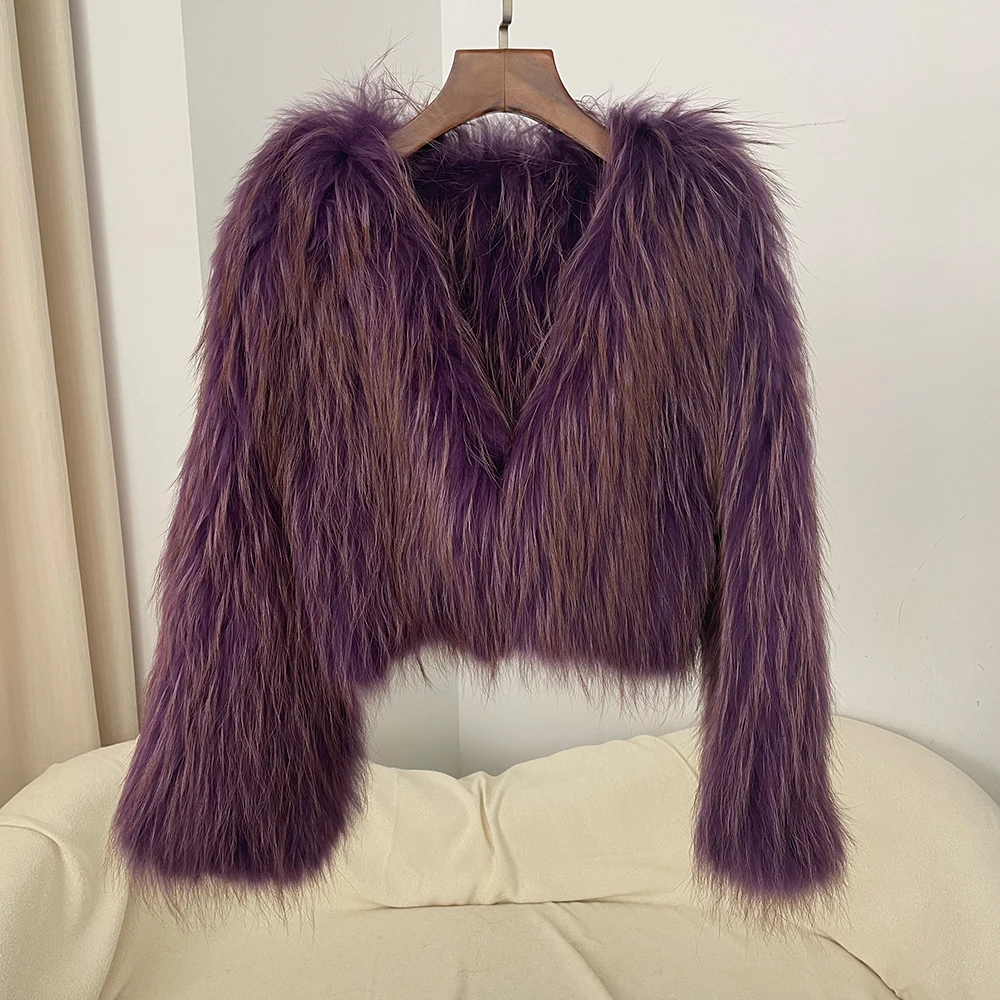 الواقع معطف الفرو الخريف الشتاء سميكة الدافئة قصيرة الأوروبية الطبيعية الراكون الفراء سترة الخامس الرقبة الوجهين المنسوجة الفراء النساء #4