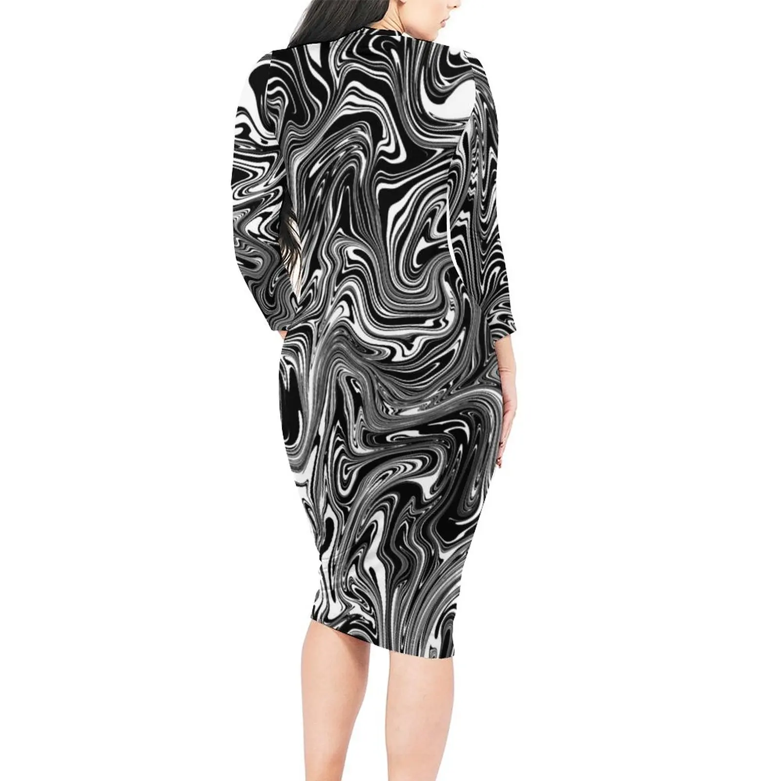 Black And White Liquid Dress Long Sleeve Abstract Marble Print Street Wear Dresses Summer Elegant Bodycon Dress Womens Vestidos